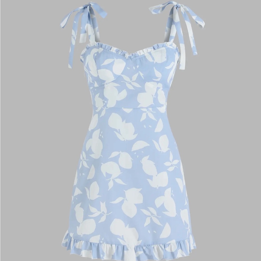 Lemon Print Ruffle Hem Tie Shoulder Mini Dress Size XS